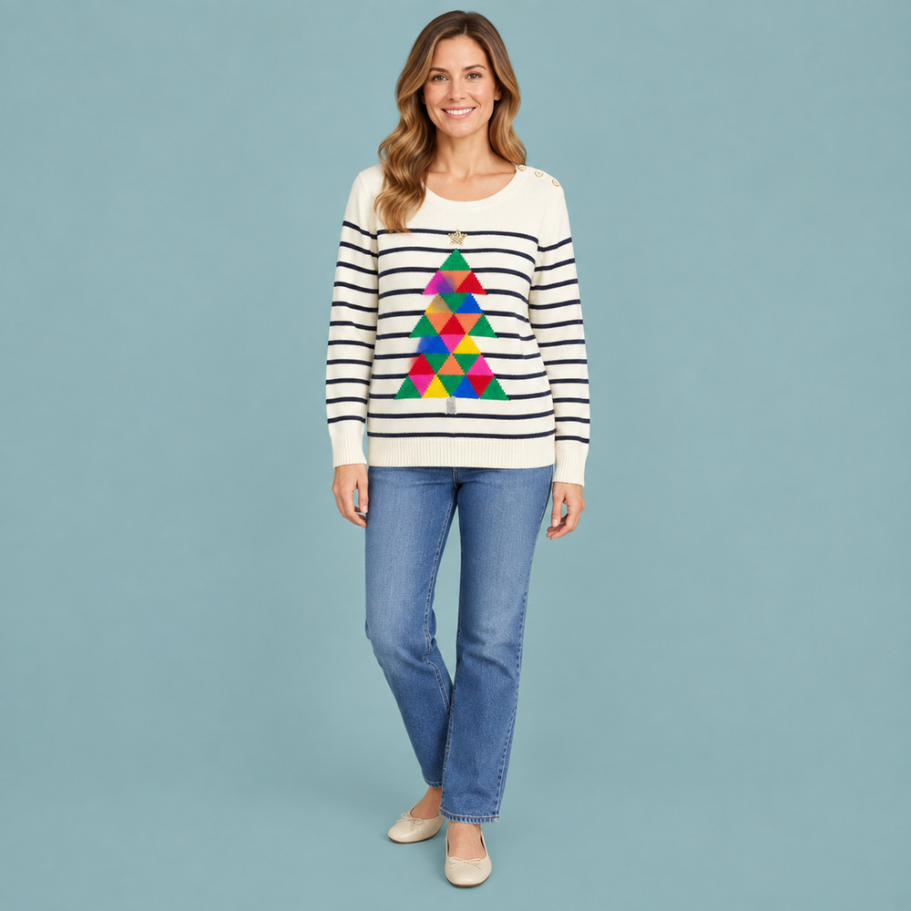 Talbots Woman Size 1X Ivory Navy Striped Christmas Tree Graphic Intarsia Sweater